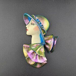 Vintage 80s Woman in a Derby Hat Purple Blue Hand Made Modeled Brooch Pin Big 3"